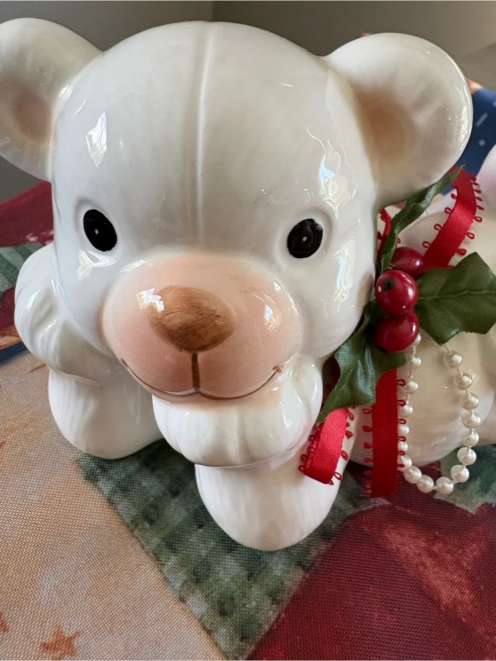 Vintage Christmas White Ceramic Teddy Bear Figurine Retro Decor Holiday Mantle